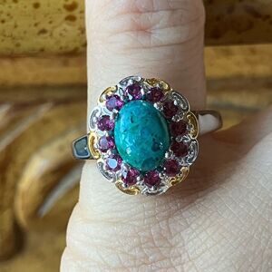 Chrysocolla Orissa Garnet Halo Ring Size 5.25